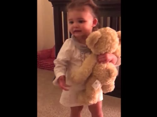 Little Girl Gets A Bear From Her Deployed Dad, She Flips Out When She Squeezes His Hand