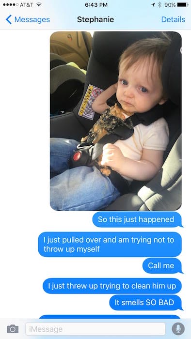 Dad Sends Hilarious Texts To Wife After Son Vomits All Over The Car.